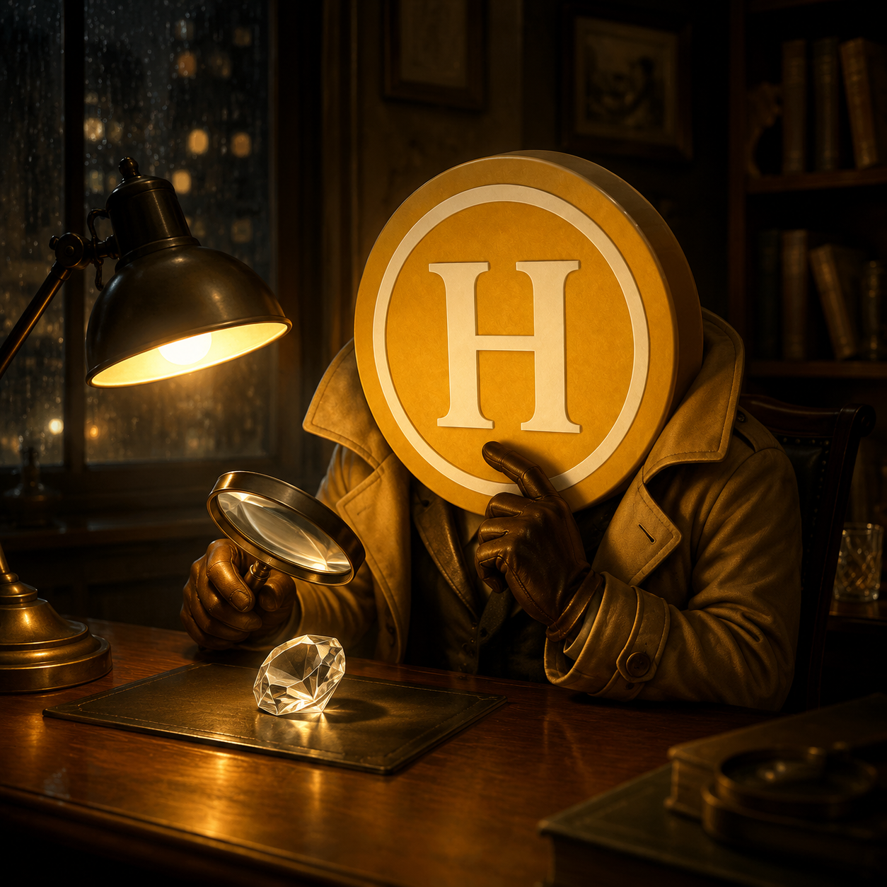 HOPELESS COIN inspecting a diamond